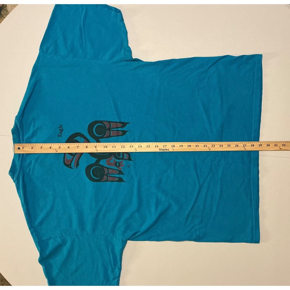 VTG Y2K Tribal Aztec Southwest Indigenous Eagle Wolf Pocket Tee Blue Mens XL - Picture 3 of 6